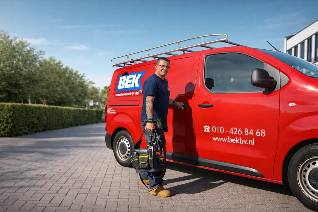 Monteur van Bek bv bij de servicewagen