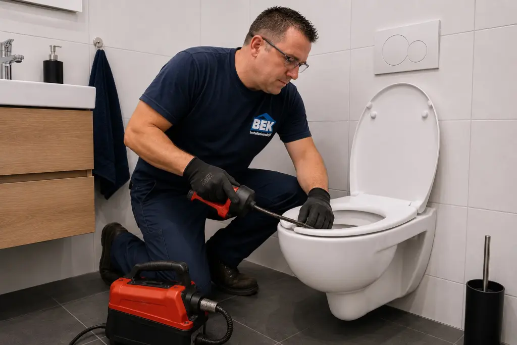 Bek-monteur ontstopt een toilet met een veermachine