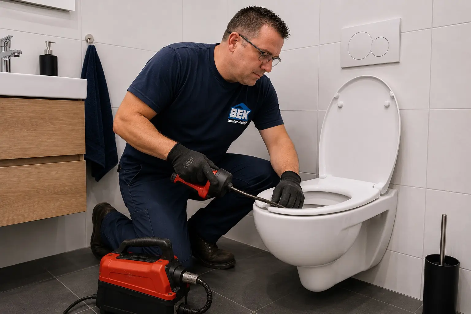 Bek-monteur ontstopt een toilet met een veermachine
